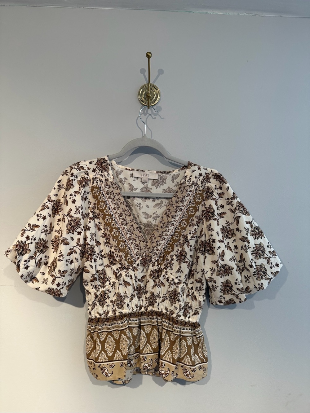 LOFT Cream and Brown Floral V-Neck Peasant Top